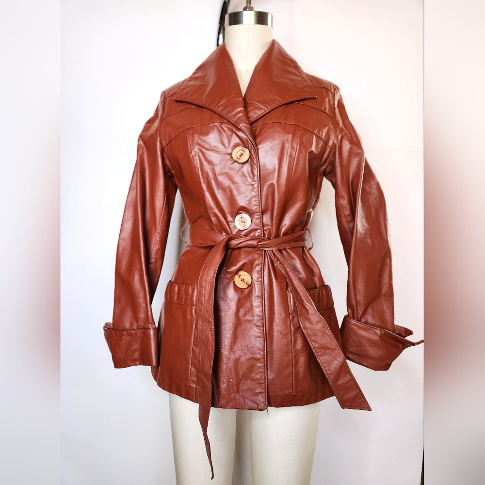 70s Brown Leather Coat Jacket Trench Coat Jacket Belted Quilted Lining XXS XS - Picture 4 of 12